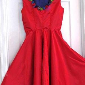 Reto Style Red Satin Dress. Hand Sewn Silk Flowers..