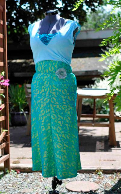 Hollywood Glamour Vintage Look Skirt With Boning Detail At Waist. Peacock Blue Lace And Lime Green Underlinging Make This A Stand Out Skirt