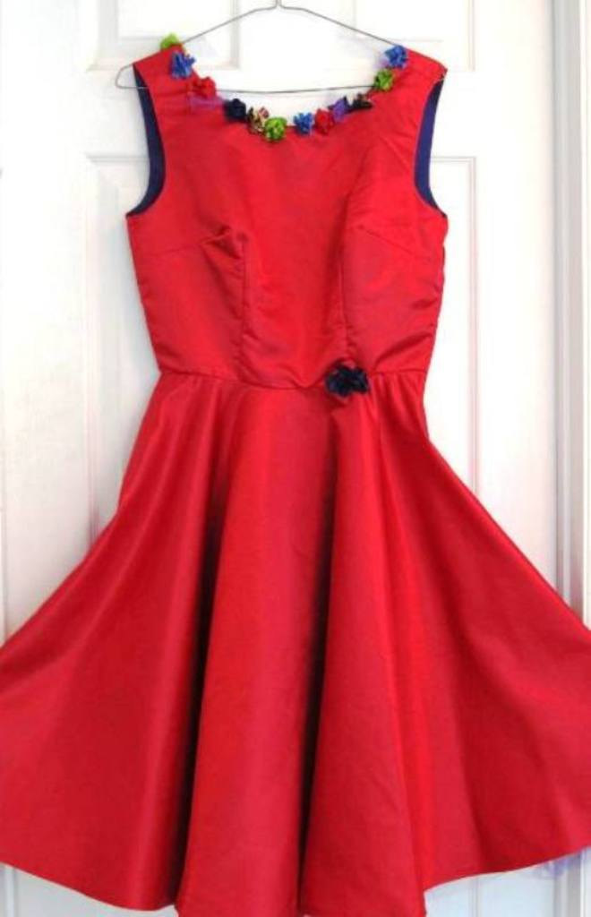 Reto Style Red Satin Dress. Hand Sewn Silk Flowers Surround The Neck And Back.a Fun Sassy Dress.
